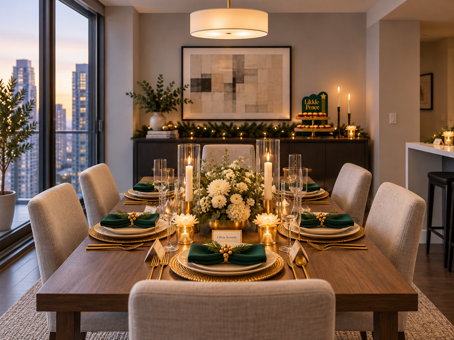 A home dining table styled for the holidays with rented pieces